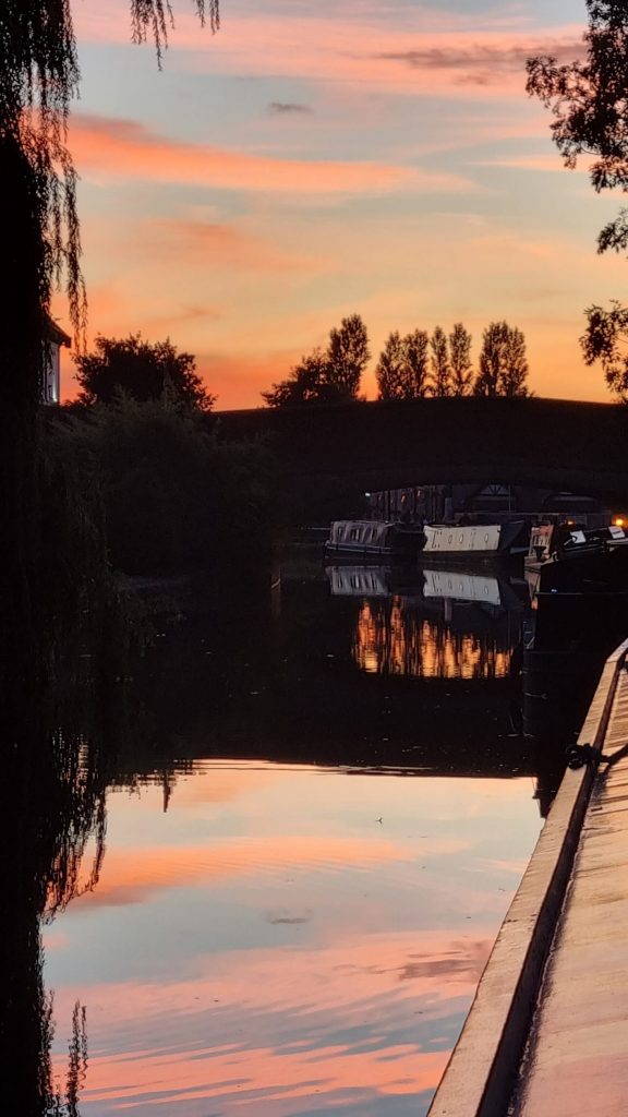 Sunset from the narrowboat on the Leeds Liverpool. Canal at Burscough